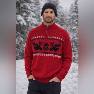 Vintage 90s Chaps Moose Nordic Sweater Men’s L Red 1/4 Zip 100% Cotton